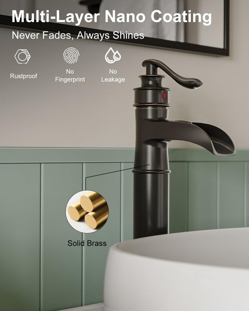 BWE Waterfall Spout Oil Rubbed Bronze Bathroom Faucet Single Handle One Hole Vessel Sink Faucet ORB Lavatory Faucets Deck Mount Tall Body Commercial - Image 5